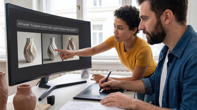 Two designers collaborate using generative AI software to create sculptural ceramic vases, highlights a creative workflow where AI enhances human artistry