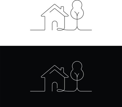 Minimalist single-line house and tree outline, EPS Format, Editable Stroke Thickness