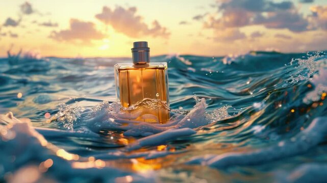 Video A bottle of perfume sits alone in the middle of the ocean, surrounded by water and possibly symbolizing loneliness