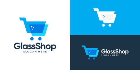 Creative modern glass shop logo template. Abstract shopping cart with glass glow industrial materials logo design vector illustration. © Hi_std