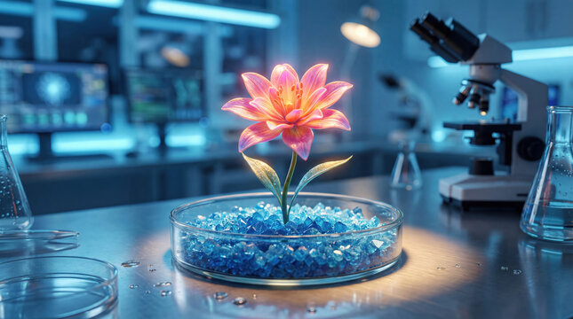 Glowing flower blooms in petri dish filled with blue crystals in a modern science laboratory, symbolizing growth and discovery