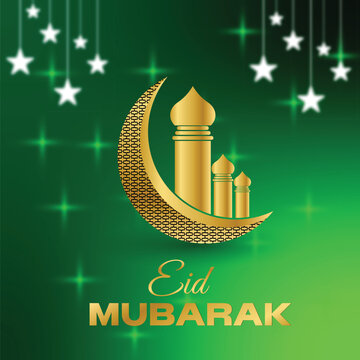 Eid Mubarak Greeting with Golden Mosque and Crescent Moon