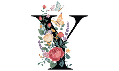 Beautiful alphabet Y with floral watercolor bouquet