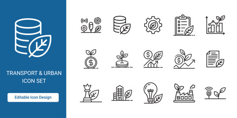 Transport and Urban Ecology Line Icon Set with Sustainable City and Green Energy Symbols