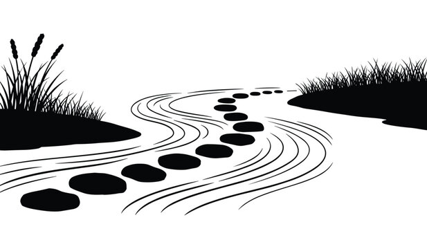 Stepping Stones Across a Winding River with Reeds grass