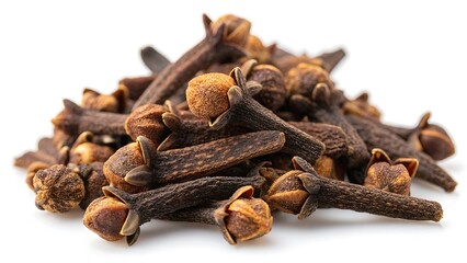Fototapeta premium Angled Close-Up of Aromatic Dried Cloves in Loose Heap, Square Composition on white background