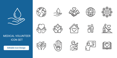 Medical Volunteer Line Icon Set with Healthcare, Support and Aid Symbols