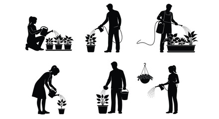 Obraz premium Gardening silhouettes set, men and women watering plants, potted flowers, hose and cans, black and white vector illustration collection design
