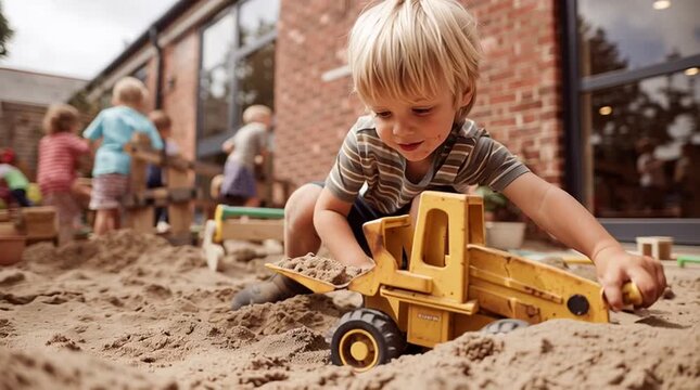 Young child digging and playing with yellow toy excavator in sandy playground, kids visible nearby