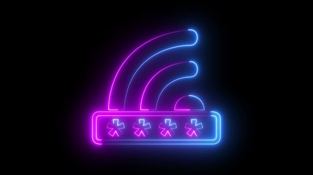 Glowing neon Wi-fi locked sign icon isolated on black background. Password wi-fi symbol. Wireless Network icon. Wi-fi zone. Limited access. internet security icon. 4k video animation.