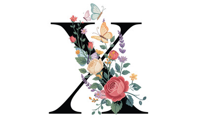 Beautiful alphabet X with floral watercolor bouquet