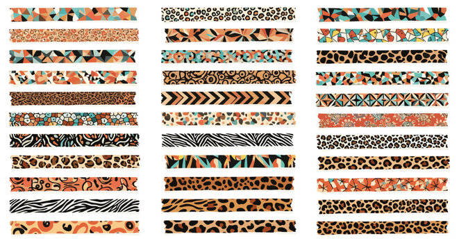 Extensive collection of decorative washi tape with various animal print and abstract geometric patterns in warm earth tones.
