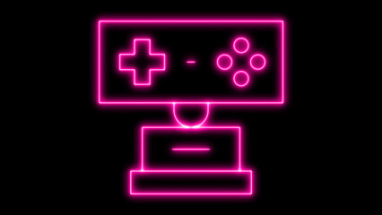 A glowing pink neon outline icon of a retro video game console with a classic joystick and buttons, symbolizing entertainment and digital gaming culture, isolated on black background. © moynaislam