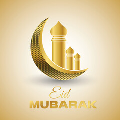Eid Mubarak Greeting with Golden Mosque and Crescent Moon Vector Template