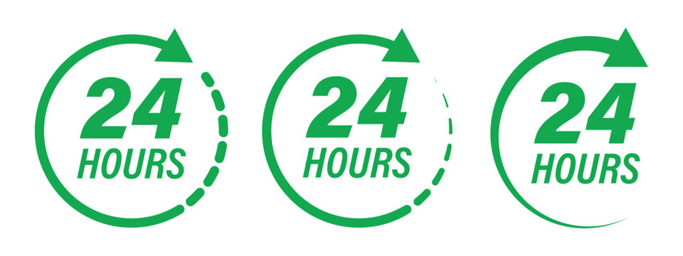 Green 12 hours service icon. Green 12 hours service duration sign. Green 12 hours or half day icon with circle arrow. Shipping delivery symbol. Twelve hour delivery clock icon . Hours time arrow