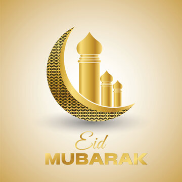 Eid Mubarak Greeting with Golden Mosque and Crescent Moon Vector Template