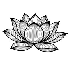 Detailed black and white line art drawing of a beautiful blooming lotus flower illustration with water droplets