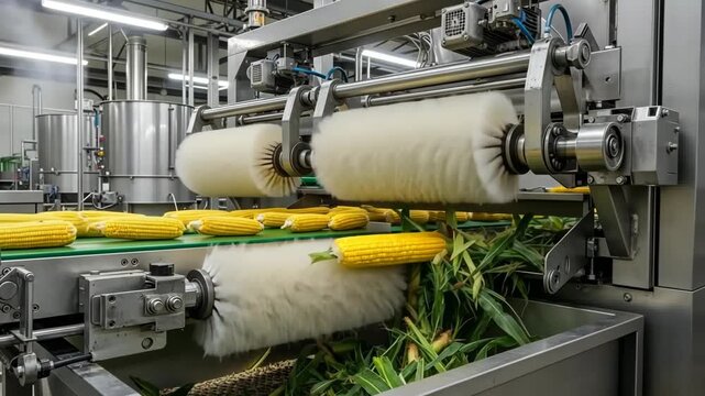 Machines move corn along a line in a factory. They prepare the corn for packaging. Workers monitor the process closely