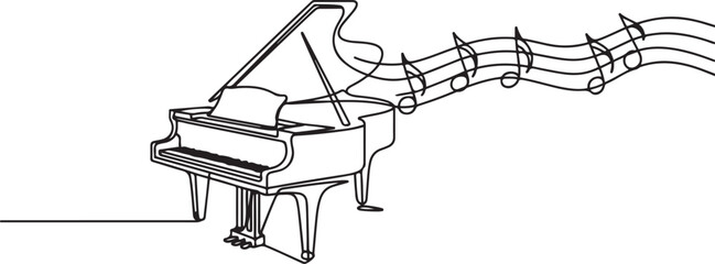 Classic piano with music notes tone one line art drawing.one line vector illustration with white background © Hasho 