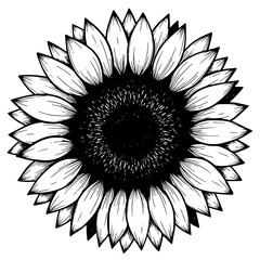 Detailed black and white line art illustration of a blooming sunflower head featuring intricate central seeds and radiating petals