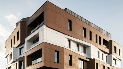 Fototapeta premium A modern multi-story building with brown and white exterior panels