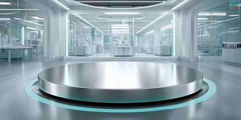 Circular stainless-steel podium with glass front set in empty white laboratory surrounded by futuristic technology