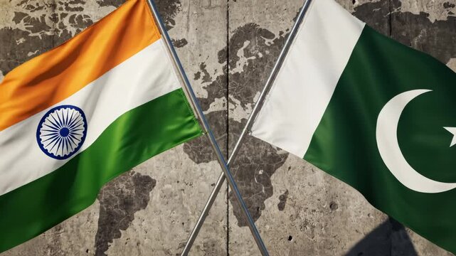 Flags of India and Pakistan against world map