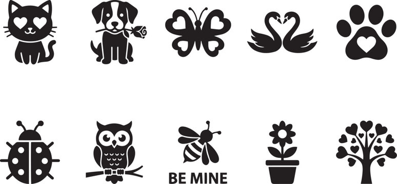 Valentine day silhouettes collection with cute cat, dog with rose, butterfly, pair of swans, paw print, ladybug, owl, bee, flower and heart tree