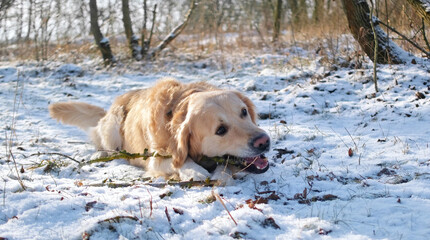 Fototapeta premium Beautiful Golden Retriever Dog Enjoys Playing With A Stick During A Walk In A Winter Forest