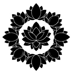 Striking black and white circular mandala design featuring layered lotus flowers arranged symmetrically around a central bloom.
