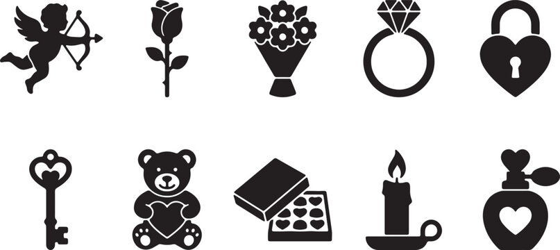 Valentine day elements featuring cupid rose flower bouquet and engagement ring with heart lock and teddy bear icons for romantic event decoration