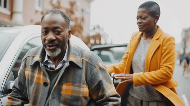 African american caregiver assisting a smiling senior man in wheelchair getting out of a car