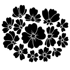Minimalist black silhouette cluster featuring various stylized simple five-petal blooming garden flowers grouped together attractively