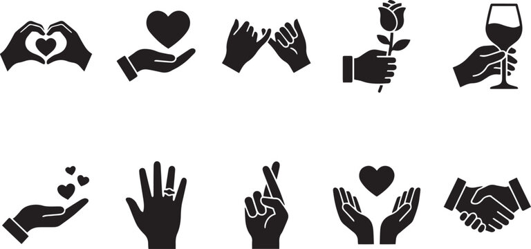 Human hands gestures set with heart shapes pinky promise and offering rose for love and relationship concept isolated on transparent background art