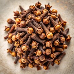Top-Down View of Dried Clove Buds Piled Together on Neutral Background