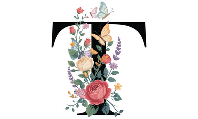 Beautiful alphabet T with floral watercolor bouquet