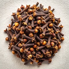 Top-Down View of Dried Clove Buds Piled Together on Neutral Background