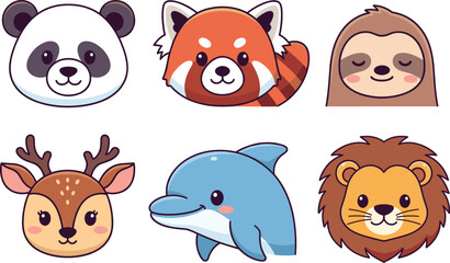 Fototapeta premium Cartoon Animal Faces Featuring Panda, Red Panda, Sloth, Deer, Dolphin, Lion – Bright, Friendly Icons for Kids and Education