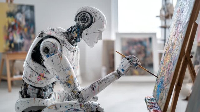 Humanoid robot painting abstract art on canvas in modern art studio with creative expression