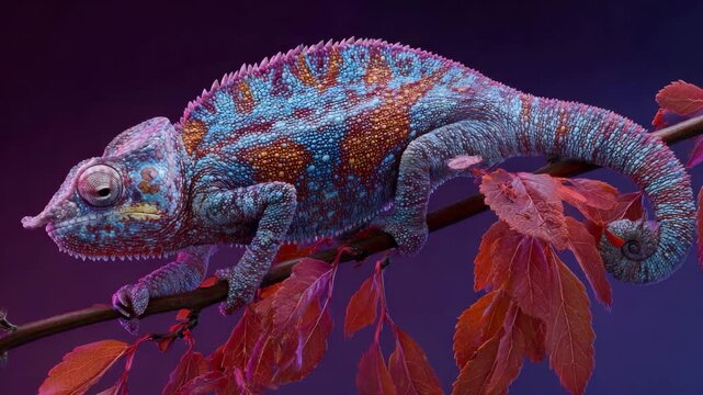 Colorful chameleon perched on a branch with vibrant red leaves against a dark background
