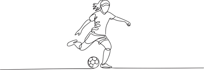 Continuous line drawing of football player kicking ball. Single one line art of young woman soccer player dribbling and juggling ball.one line vector illustration with white background © Hasho 