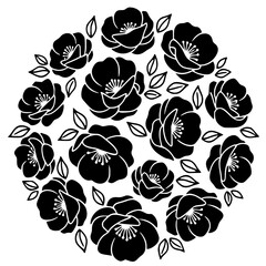 Striking black and white floral composition featuring stylized poppy blossoms arranged beautifully in a circular mandala pattern.