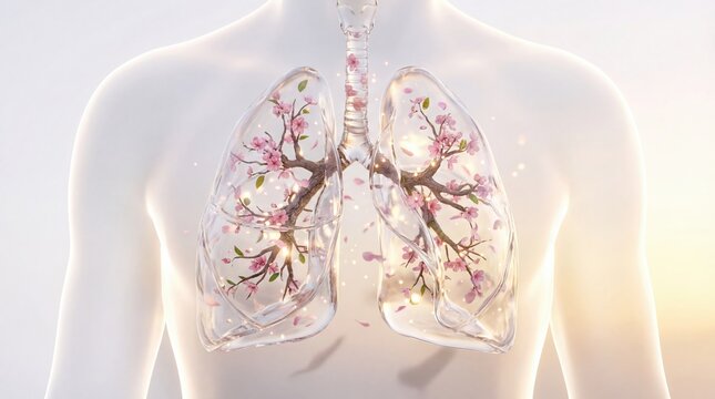 Anatomical lungs displayed transparently, adorned with blooming cherry blossoms, representing health and the interconnectedness of life.