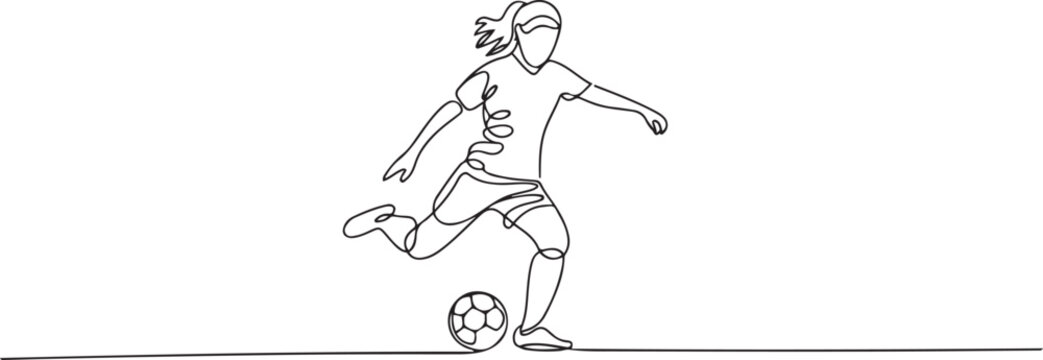 Continuous line drawing of football player kicking ball. Single one line art of young woman soccer player dribbling and juggling ball.one line vector illustration with white background