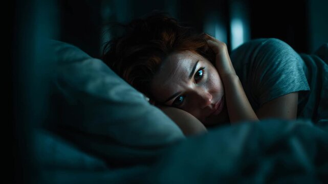 Depressed woman lying awake in bed at night, emotional distress, insomnia, anxiety, and loneliness in dark moody bedroom