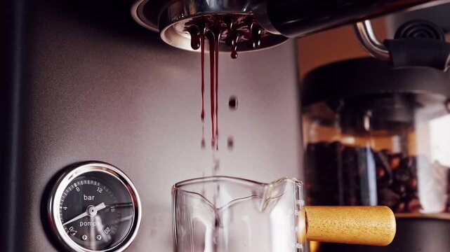 Espresso flowing from bottomless portafilter into glass cup, rich crema stream visible with pressure gauge and grinder hopper nearby, slow motion professional coffee extraction