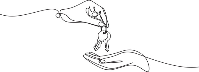 Continuous line drawing of hand giving keys to the car or apartment.one line vector illustration with white background © Hasho 