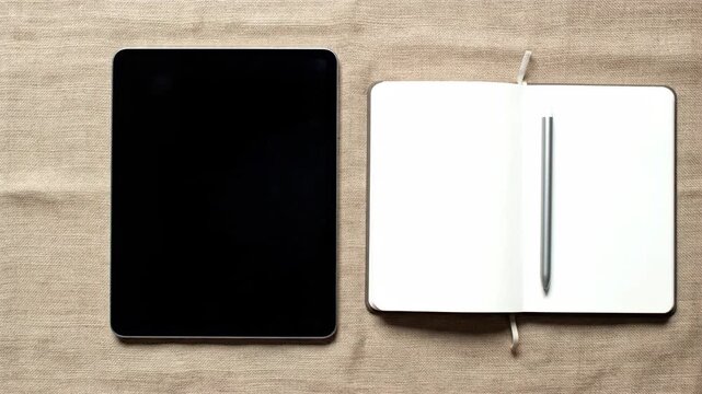 Digital tablet next to blank paper journal and stylus technology flat lay