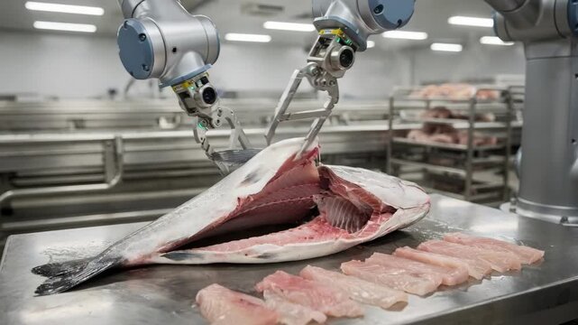 Medium shot of a single programmable robot delicately filleting a fish using visionguided blades to ensure precise cuts and maximize yield in a clean industrial setting.