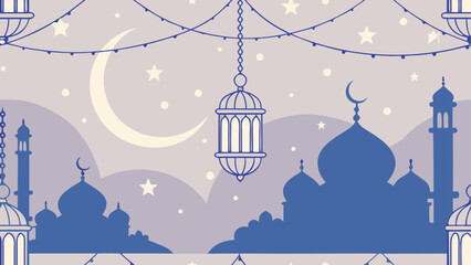 Nighttime mosque silhouette with lanterns and moon © sabbir